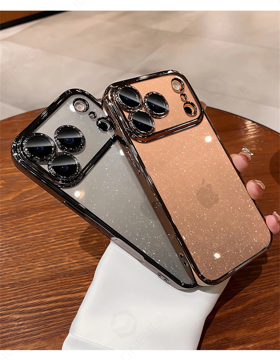 Luxury Transparent Glitter Clear Slim Case For iPhone 12 13 14 Plus 15 16 17 Pro Max Orange Pating Bumper Lens Glass Hard Cover