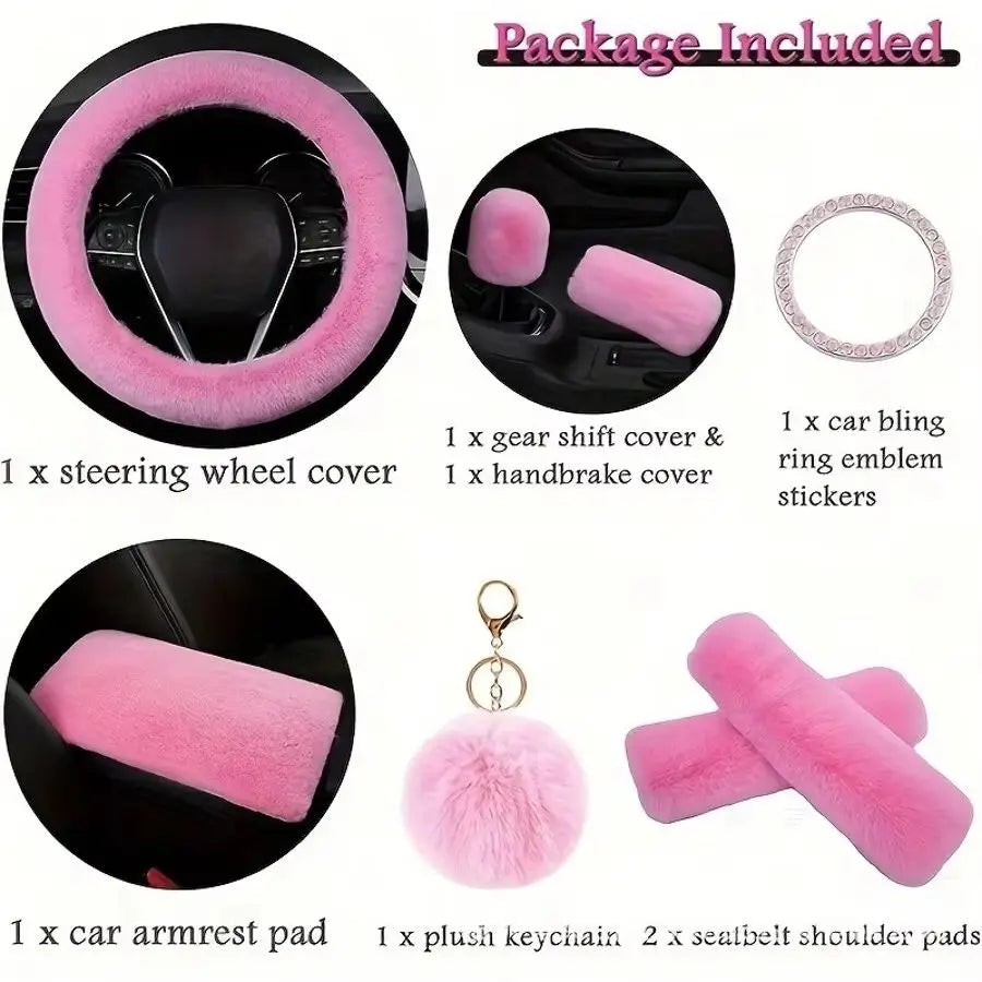 8 Pieces Set Combination Pink Goddess Plush Car Steering Wheel Cover Rex Rabbit Fur Fluffy Steering Wheel Cover