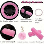 8 Pieces Set Combination Pink Goddess Plush Car Steering Wheel Cover Rex Rabbit Fur Fluffy Steering Wheel Cover