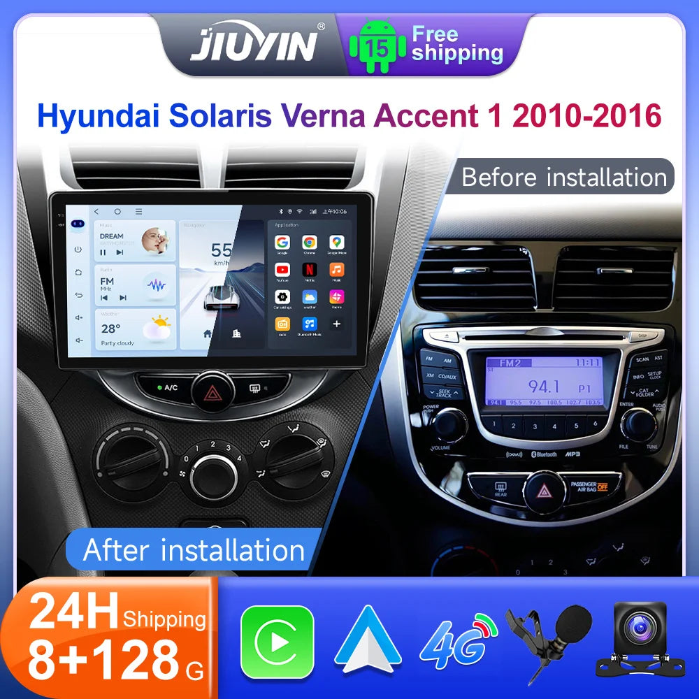 JIUYIN 9“ Android 15 Car Radio For Hyundai Accent Verna Solaris 2010-2016 Multimedia Video Player Carplay 4G WIFI GPS Head Unit CM World