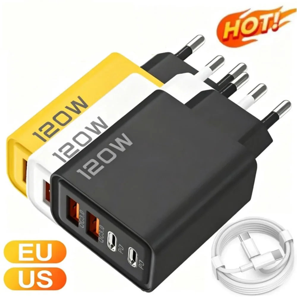 120W Fast Charger USB Type C Cable Fast Charging Phone Power Adapter For iPhone Xiaomi Samsung Quick Charge Wall Charger