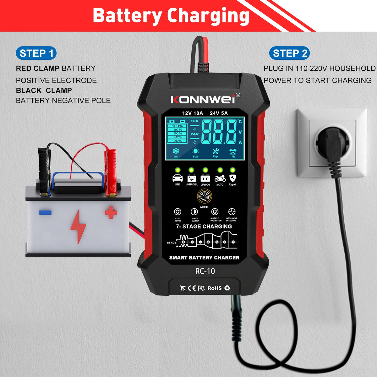 2026 KONNWEI RC-10 Car Battery Charger 12V 10A 24V 5A Full Automatic Fast Charging Pulse Repair BatteryCharger Lead Acid AGM Gel