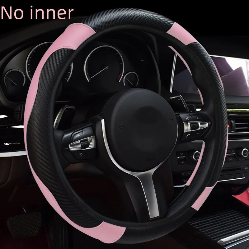 Carbon fiber pattern PU leather steering wheel cover with no inner ring design, full elasticity, anti slip and wear-resistant, m CM World