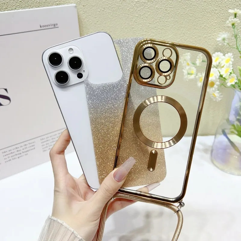 Magnetic For iPhone 17 Pro Max Case 16 14 13 12 11 15 Plus 17Air Glitter Magsafe Clear Plating Strap Crossbody Lanyard Cover Car Mobile World
