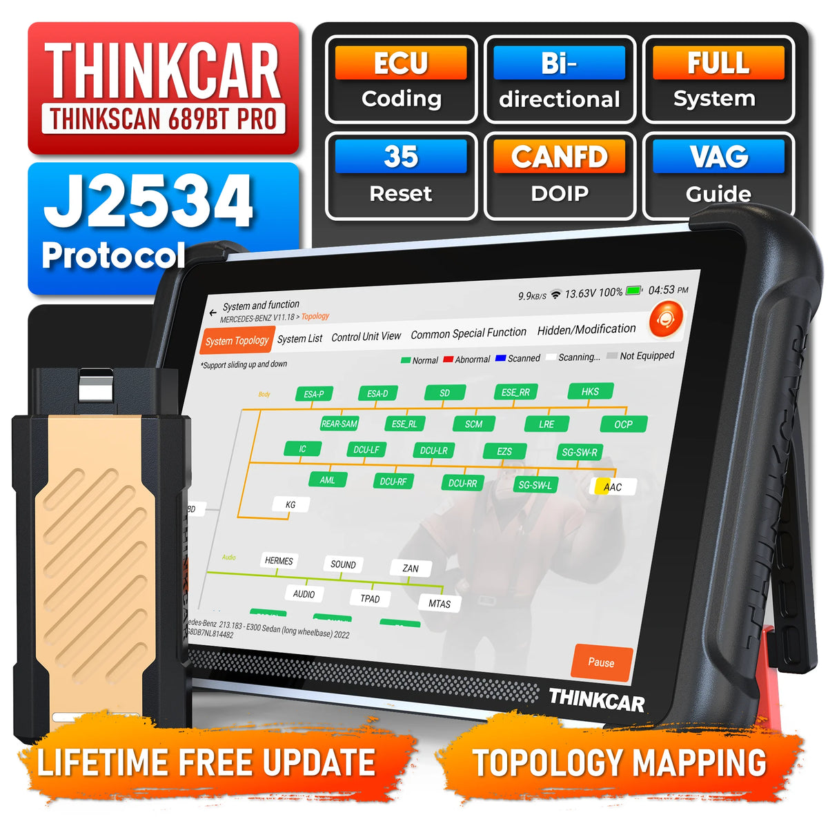 Lifetime Free Update THINKCAR THINKSCAN 689BT Pro OBD2 Scanner CANFD/DoIP All System Diagnose Topology 35 Reset Bi-directional