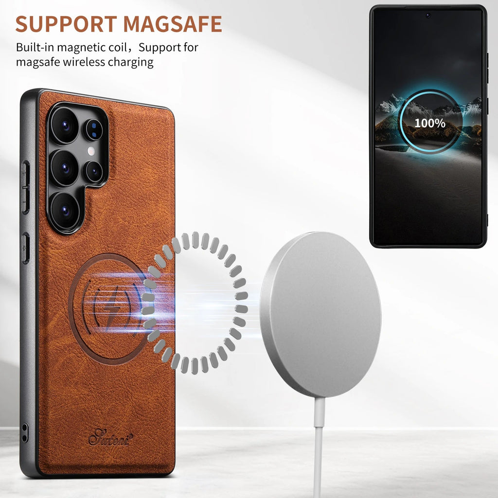 SUTENI Luxury Faux Leather Phone Case Magnet Wireless Charging Frosted Feel For Samsung S26Ultra S25Plus S24 S23 S22 Note20