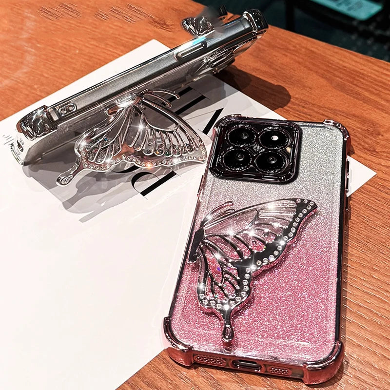 Shockproof Plating Glitter Butterfly Bracket Bracelet Case for iPhone 17 Air 16 15 14 13 12 11 17 Pro Max 16 Plus 16E Soft Cover Car Mobile World