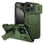 Shockproof Armor Bracket Magnetic Case for iPhone 17 16 E 15 14 13 11 12 Pro Max Mini For Magsafe Sliding Camera Protect Cover