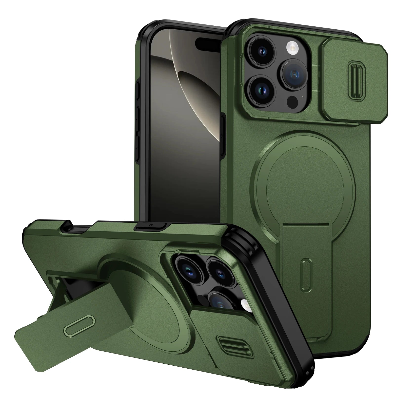 Shockproof Armor Bracket Magnetic Case for iPhone 17 16 E 15 14 13 11 12 Pro Max Mini For Magsafe Sliding Camera Protect Cover