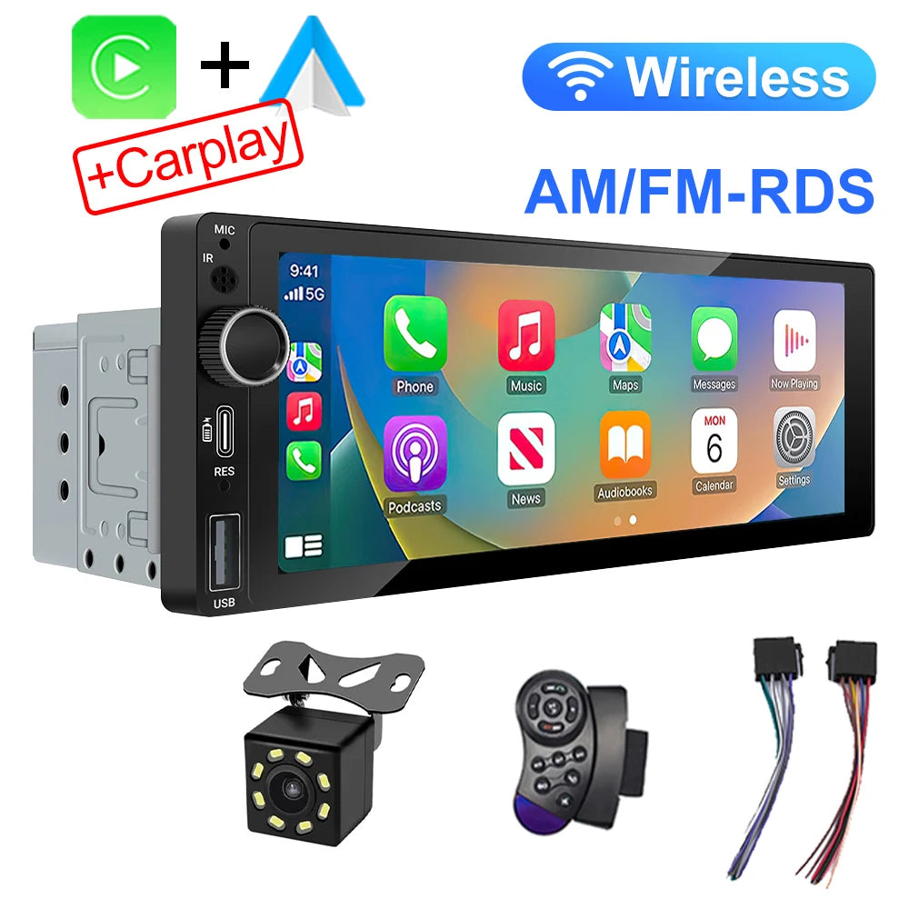 IPS 6.9 Inch 1Din Wireless Or wired Carplay Android Auto Car Radio Multimedia MP5 Player 1 Din DVD Bluetooth Stereo USB Charging CM World