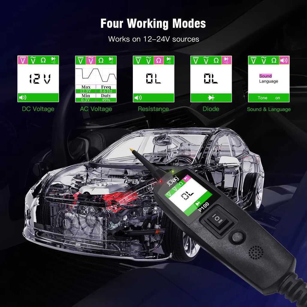 2026 JDiag P100 Automotive Circuit Tester Car Voltage Detector Electrical System Probe Kit AC DC 12V 24V Car Diagnostic Tool