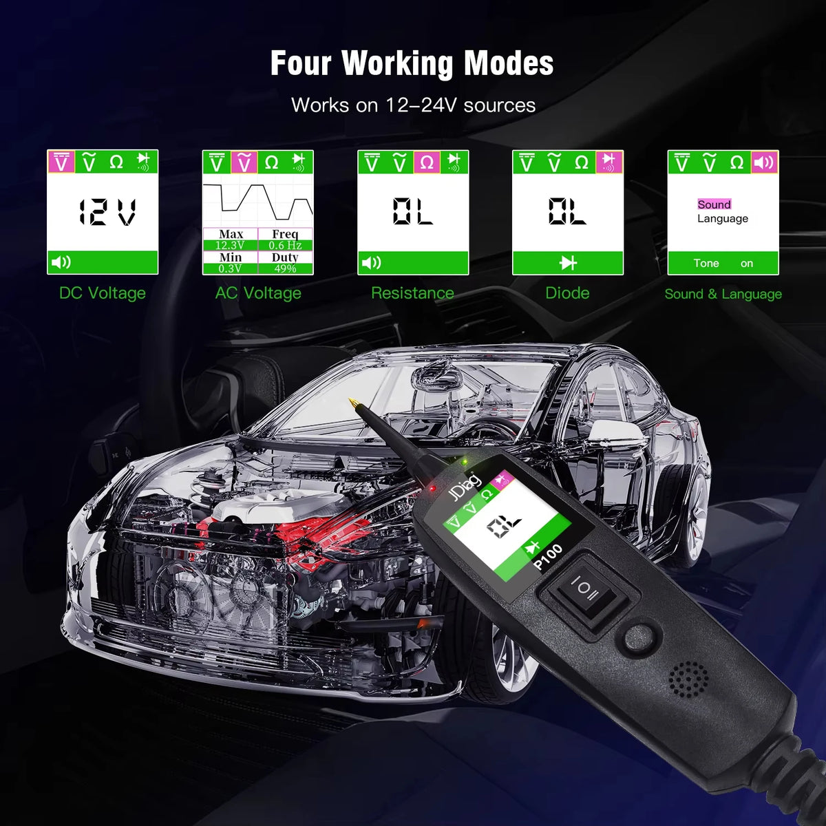 2026 JDiag P100 Automotive Circuit Tester Car Voltage Detector Electrical System Probe Kit AC DC 12V 24V Car Diagnostic Tool