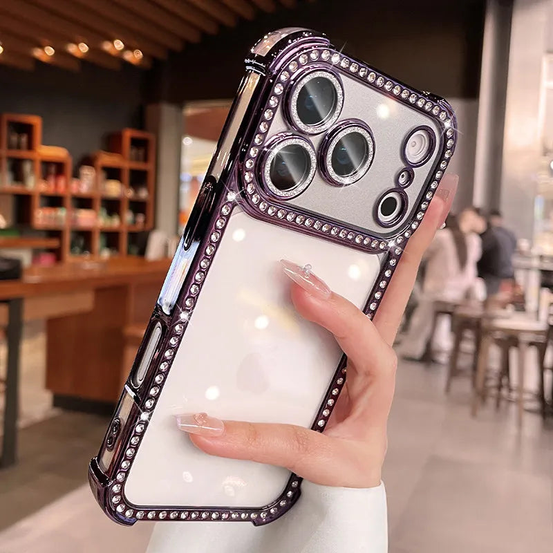 Luxury Bling Diamond Bumper Camera Protection Case For iPhone 17 16 15 14 13 Pro Max Airbag Anti-knock Transparent Soft Cover