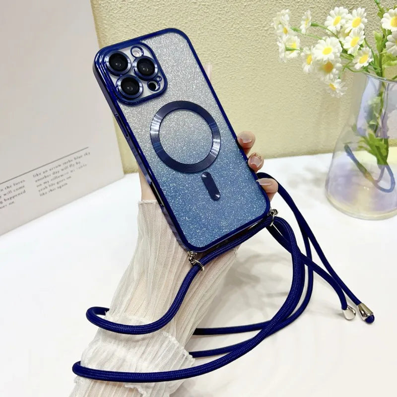 Magnetic For iPhone 17 Pro Max Case 16 14 13 12 11 15 Plus 17Air Glitter Magsafe Clear Plating Strap Crossbody Lanyard Cover Car Mobile World