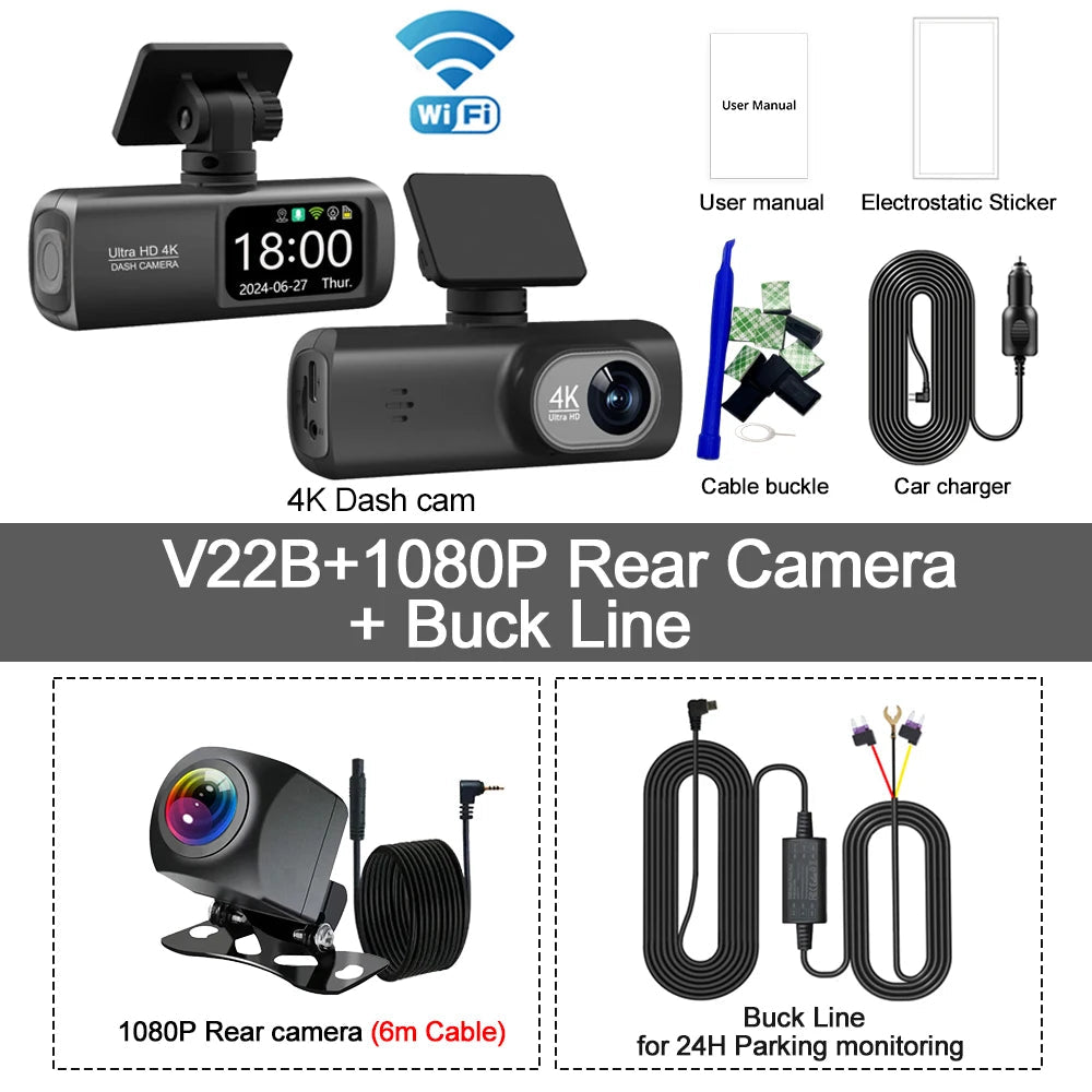 UHD 4K WiFi Dash Cam Dual Lens Driving Recorder Car DVR Optional 1080P Rear Lens Camera GPS 24H Parking Monitoring Black Box Car Mobile World