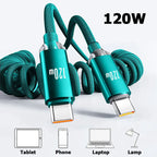 120W Spring USB Type C Cable Fast Charging For Huawei Xiaomi Mobile Phone Type C To USB C Cable For iPhone 15 16 Samsung Cable