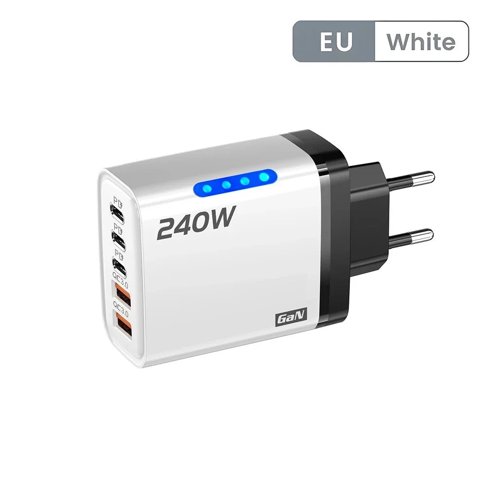 5 in 1 240W GaN Fast Charger With LED Light 2USB+3Type-C Multi Port Phone Charger for iPhone 16 15 pro Samsung Huawei Xiaomi 15 Car Mobile World