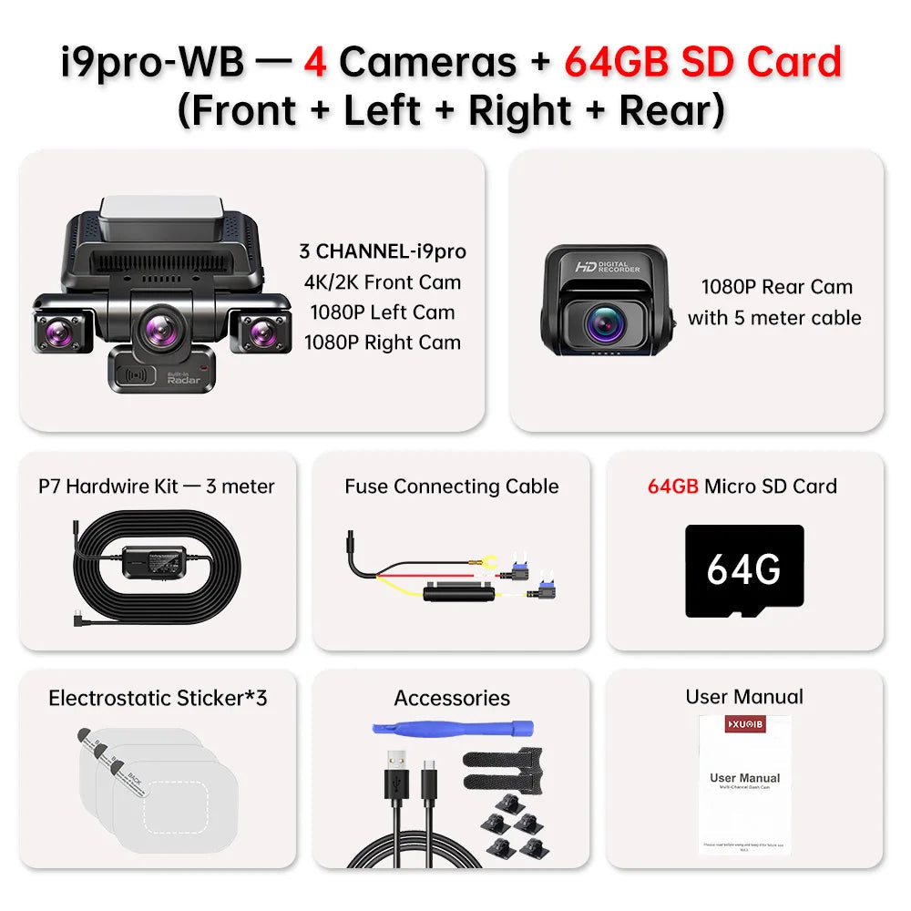 XUOIB I9pro-WB 4CH 360° Dash Cam 4K with 4'' Touch Screen Dash Car Camera 24H Parking Mode WiFi GPS Car DVR 8 IR Night Vision Car Mobile World