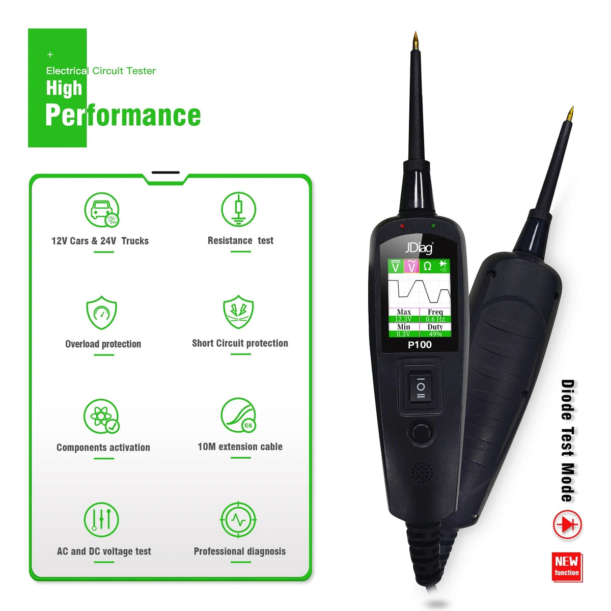 2026 JDiag P100 Automotive Circuit Tester Car Voltage Detector Electrical System Probe Kit AC DC 12V 24V Car Diagnostic Tool