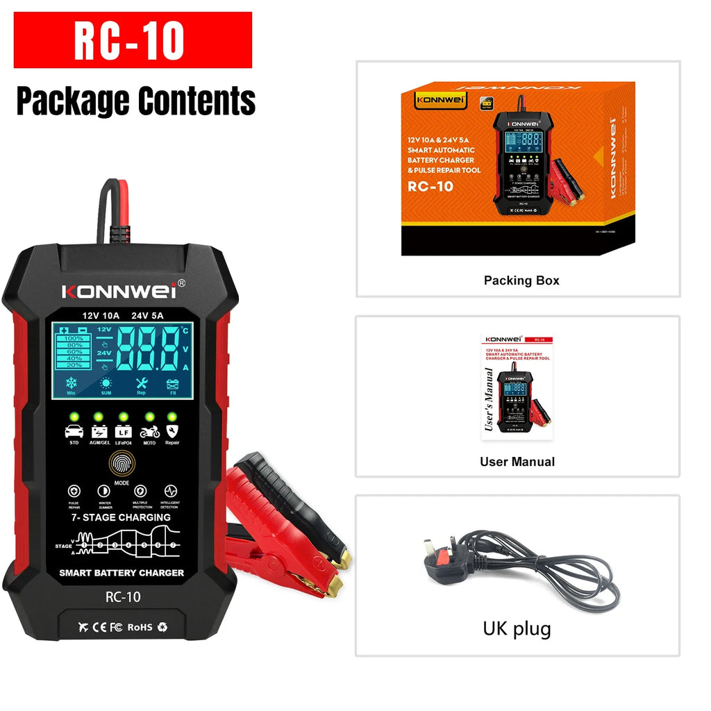 2026 KONNWEI RC-10 Car Battery Charger 12V 10A 24V 5A Full Automatic Fast Charging Pulse Repair BatteryCharger Lead Acid AGM Gel