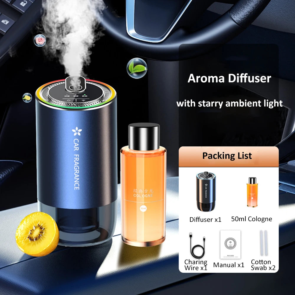 Car Aroma Diffuser with LED Starry Ambient Light 50ml Cologne Perfume Car Air Freshener Flavoring for Cars Fragrance Diffusers CM World