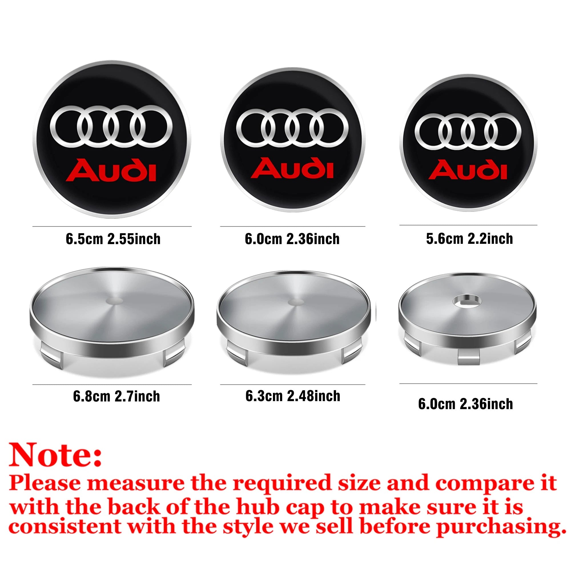 4pcs Set of Wheel Center Caps Stickers Car Hub Covers for Audi S RS A3 A4 B8 A6 A5 Q5 A7 - Multiple Sizes 56/60/63/65/68mm CM World