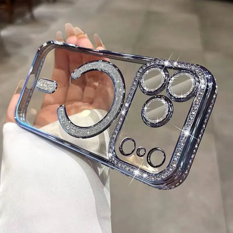 Plating Glitter Rhinestone Diamond Magnetic Phone Case For iPhone 17 Pro Max Air 17Pro For Magsafe Wireless Charging Clear Cover
