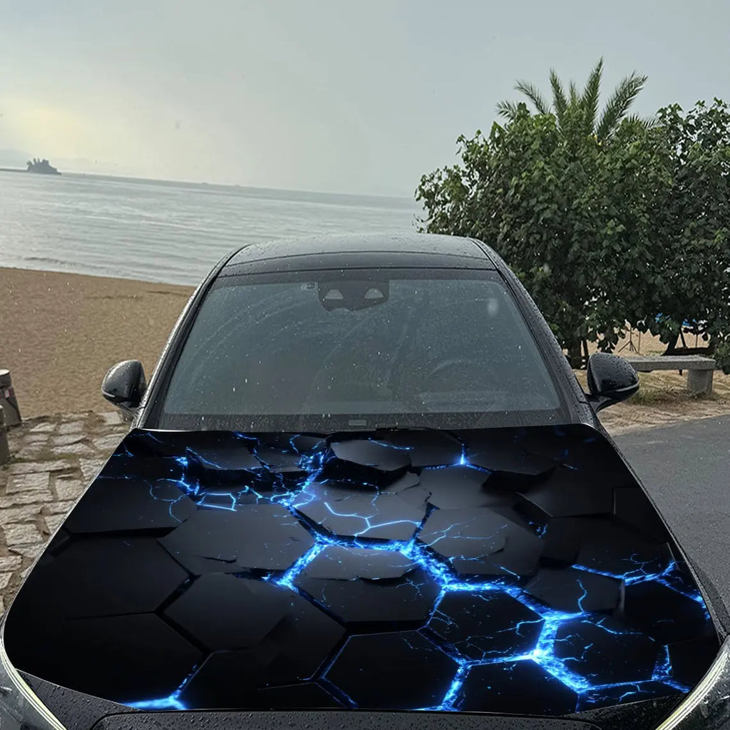 Electric Blue Cracks Hexagon Car Vinyl Wrap, PVC Material Waterproof Car Hood Sticker, Self-Adhesive Scratch-Resistant Stickers