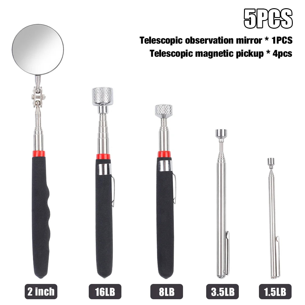5PCS Telescopic Magnetic Pickup Tool, Portable Extendable Magnet Wand With Inspection Mirror, 360° Rotation, For Car Maintenance CM World