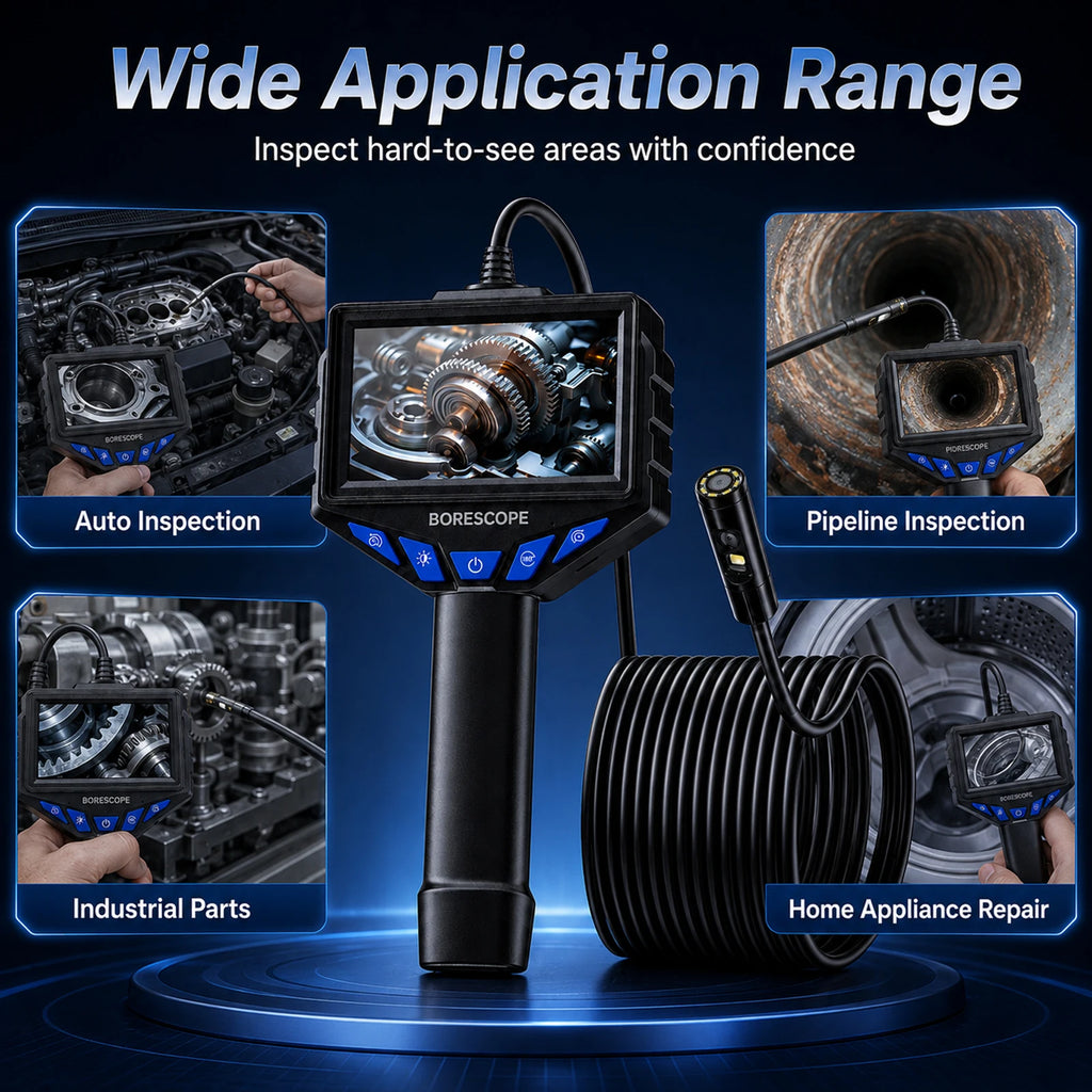 1080P HD Industrial Endoscope Camera with 4.3' IPS Screen 8mm Waterproof Borescope for Car Engine Sewer Pipe Inspection