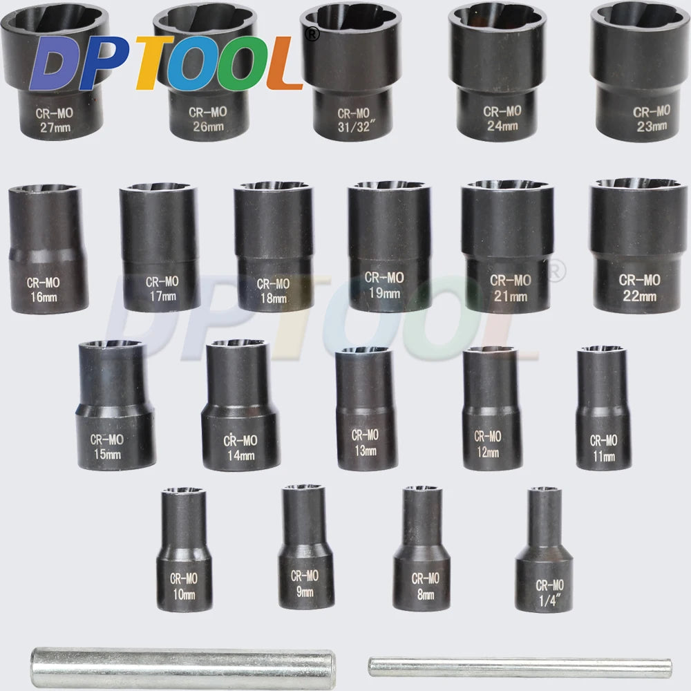 22 Piece Twist Broken Damaged Bolt and Nut Extractor Set 1/2" and 3/8" Drive Impact Lug Nut Remover Socket Tool CM World