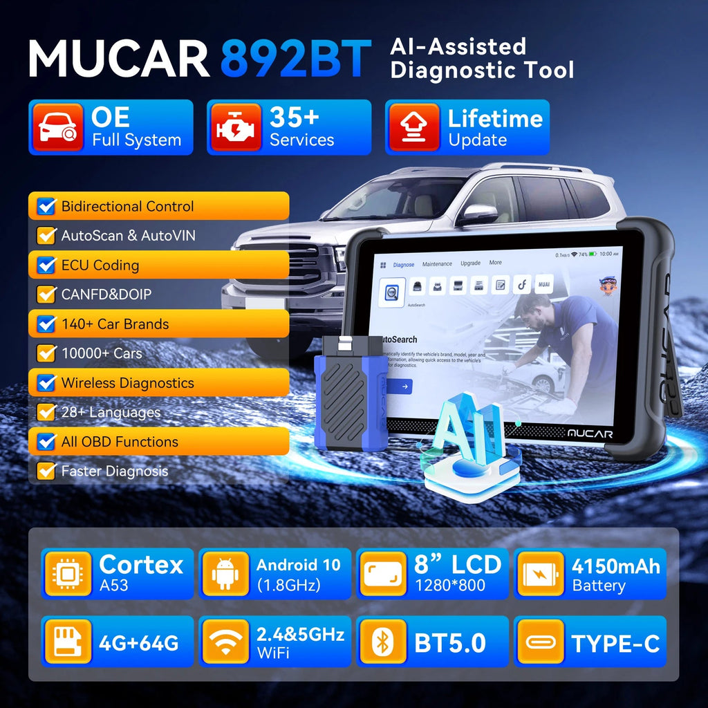 MUCAR 892BT Key Programming AI Automotive Diagnostic Tool Bi Directional Obd2 Scanner ECU Coding CANFD DOIP 35 Resets Life Free Car Mobile World