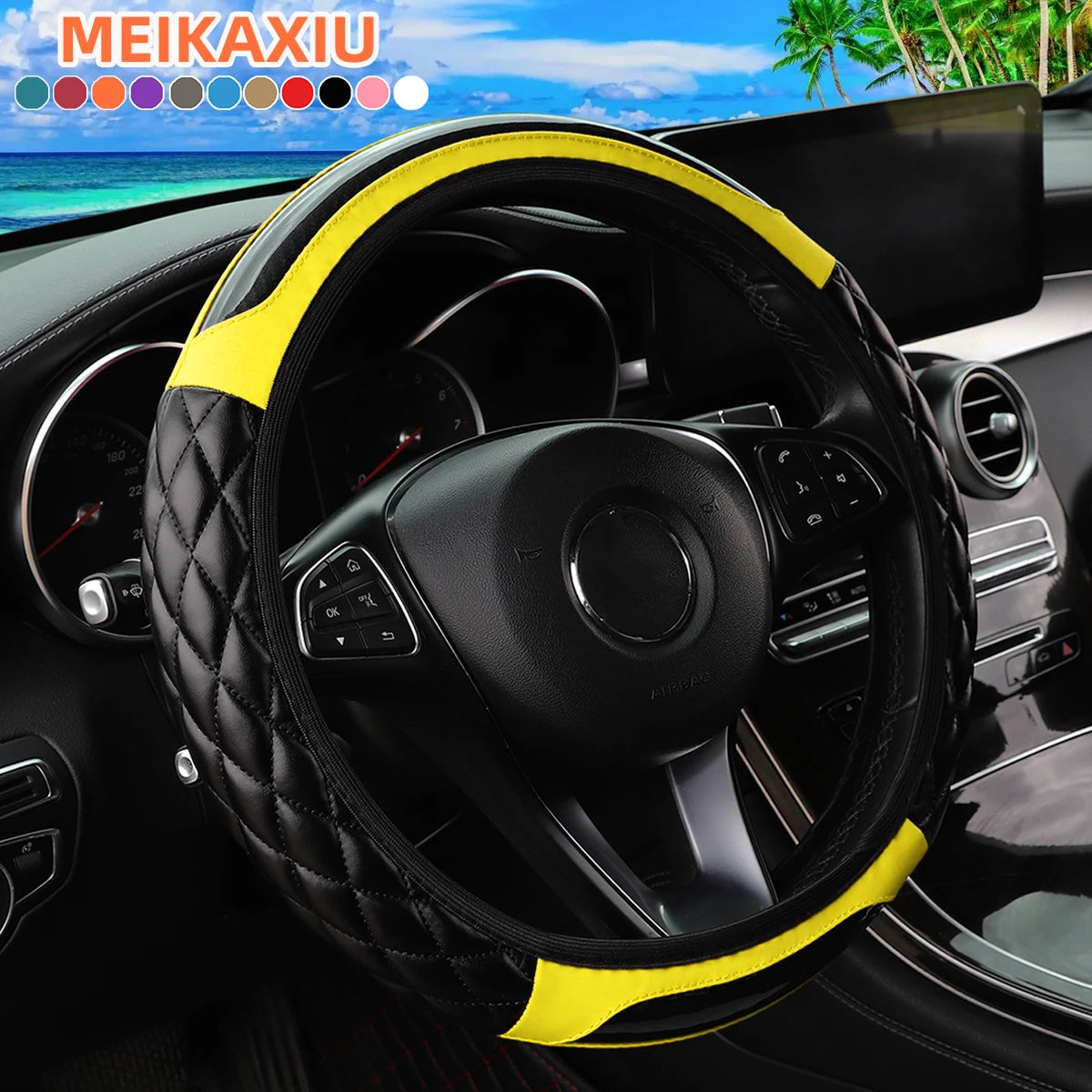 PU Soft Leather Crystal Carbon Fiber Embroidered Car Rimless Steering Wheel Cover for 14.5 - 15 Inch Car Interiors