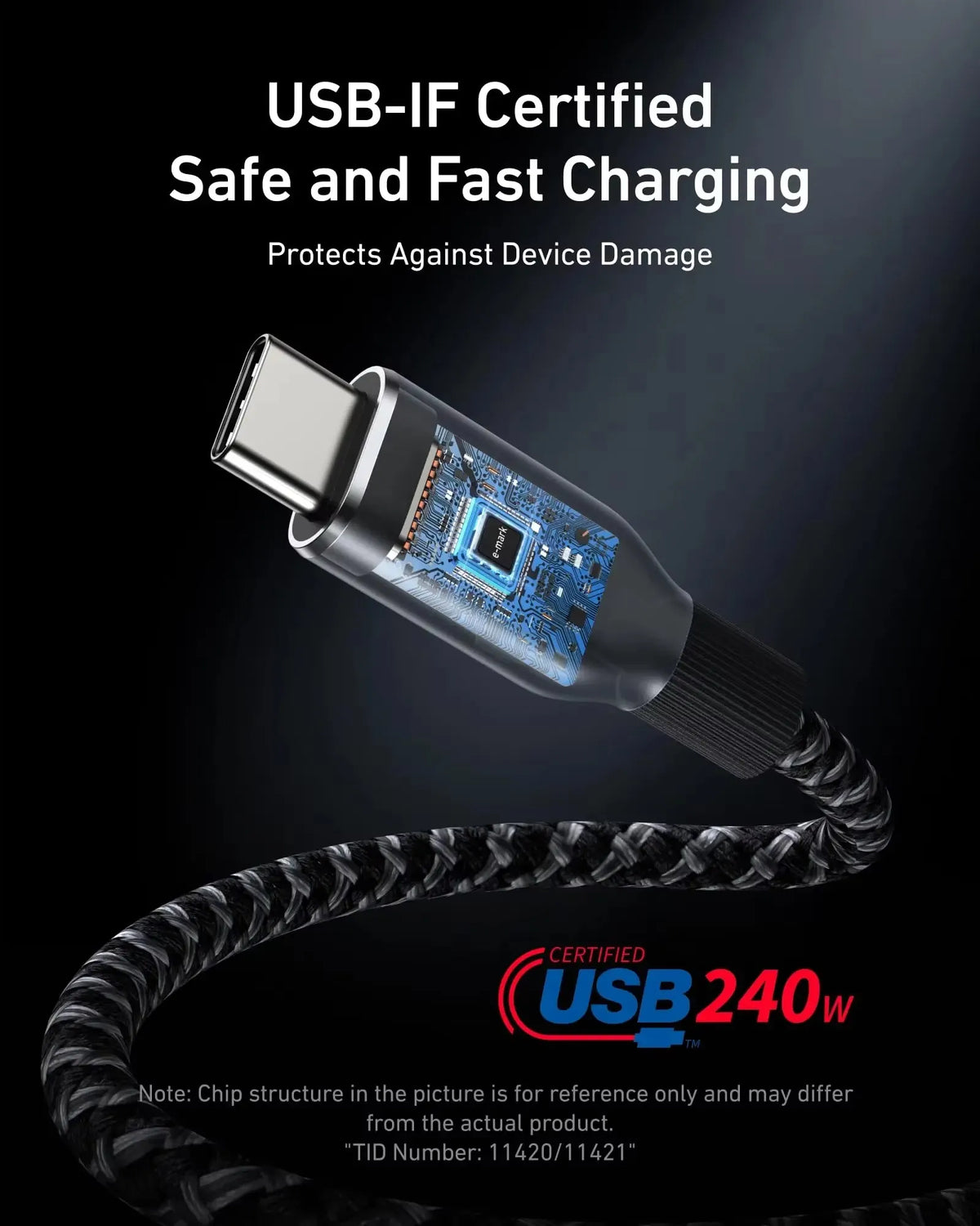 Anker Prime 240W 3ft USB C to USB C Cable Fast Charging Upcycled Braided Nylon with 100-Year Bend Durability PD fast charging