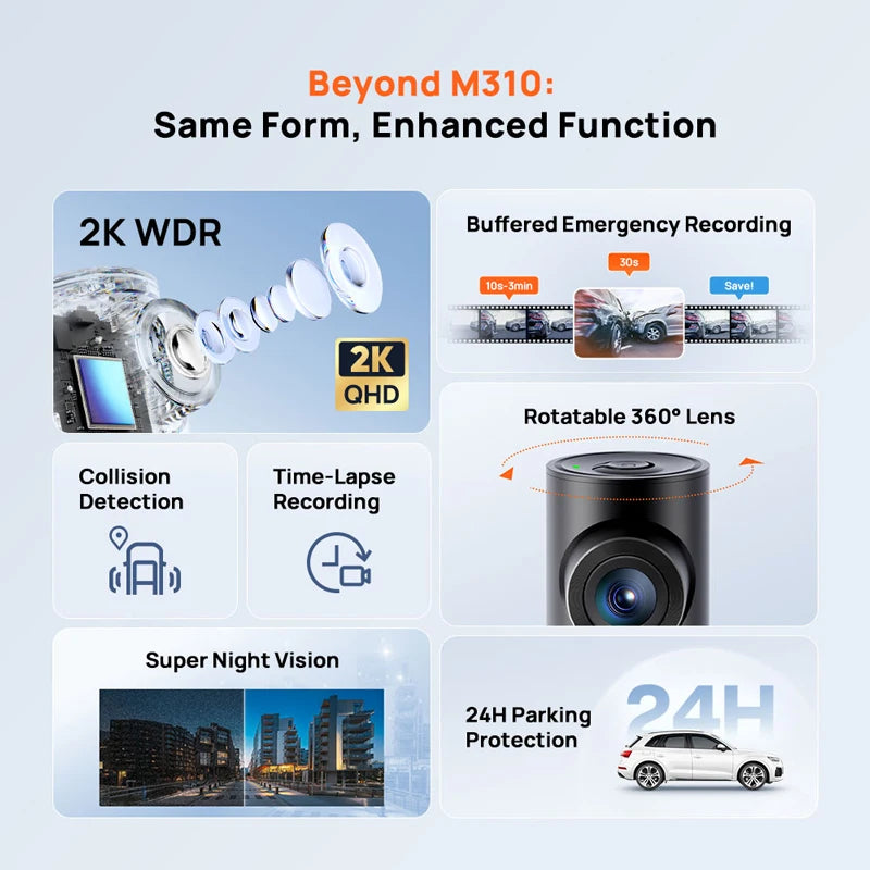 70mai Dash Cam M310 Plus 2K 1440P Super Night Vision F1.55 Aperture 70mai M310 2K Car DVR 24H Parking Guard WIFI & Voice Control