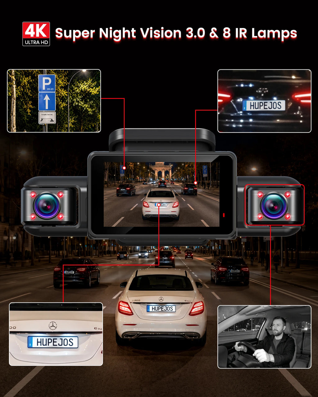 HUPEJOS V9 4CH 360° 4K Dash Cam, AI DMS Monitor, WiFi & GPS, Night Vision, Touch Screen & Voice Control, 24/7 Parking Mode