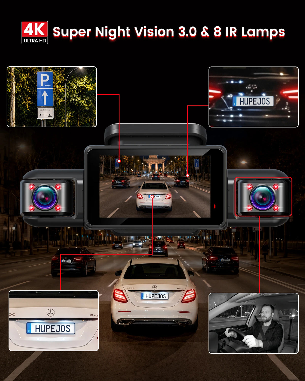 HUPEJOS V9 4CH 360° 4K Dash Cam, AI DMS Monitor, WiFi & GPS, Night Vision, Touch Screen & Voice Control, 24/7 Parking Mode