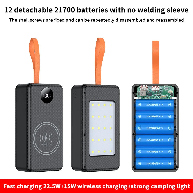 1Pc 12*21700 DIY Power Bank Case, 22.5W Fast Charge + 15W Wireless Charging, Dual USB/Type-C Output with LED Indicator Light