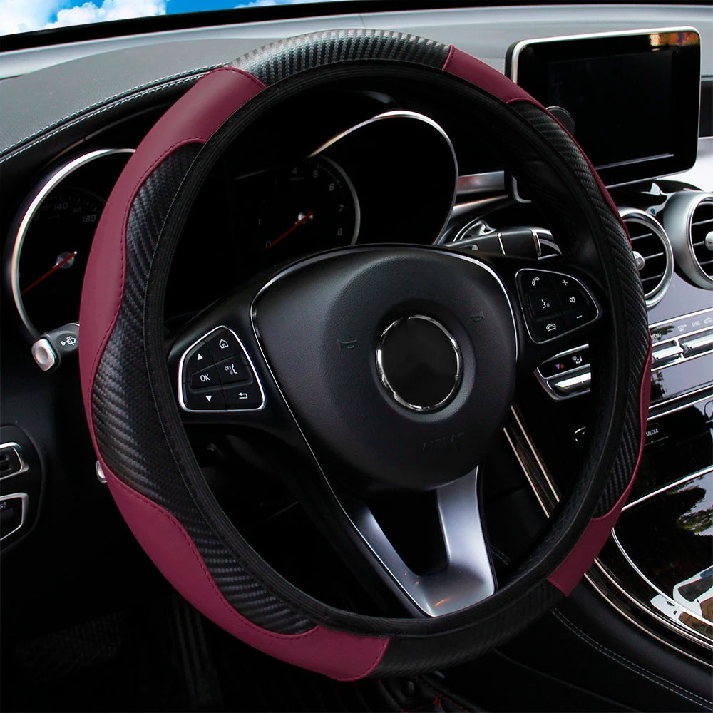 PU Carbon Fiber Leather Car Steering Wheel Cover without Inner Ring Suitable for 14.5-15 Inches of Automotive Supplies CM World