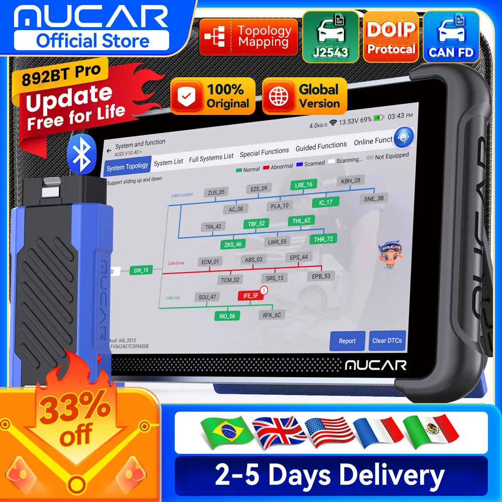 Free Update MUCAR 892BT Pro OBD2 Scanner J2534 CAN FD/DoIP All System Diagnosis Bi-directional Scan Tool Topology Map 35 Reset