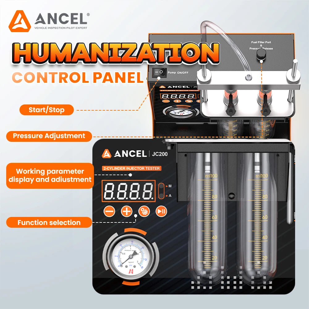 ANCEL JC200 Fuel Injector Cleaning Tester Machine for Car Motorcycle 2-Cylinders Pressure Adjustment Built-in Air Pump 6V 12V