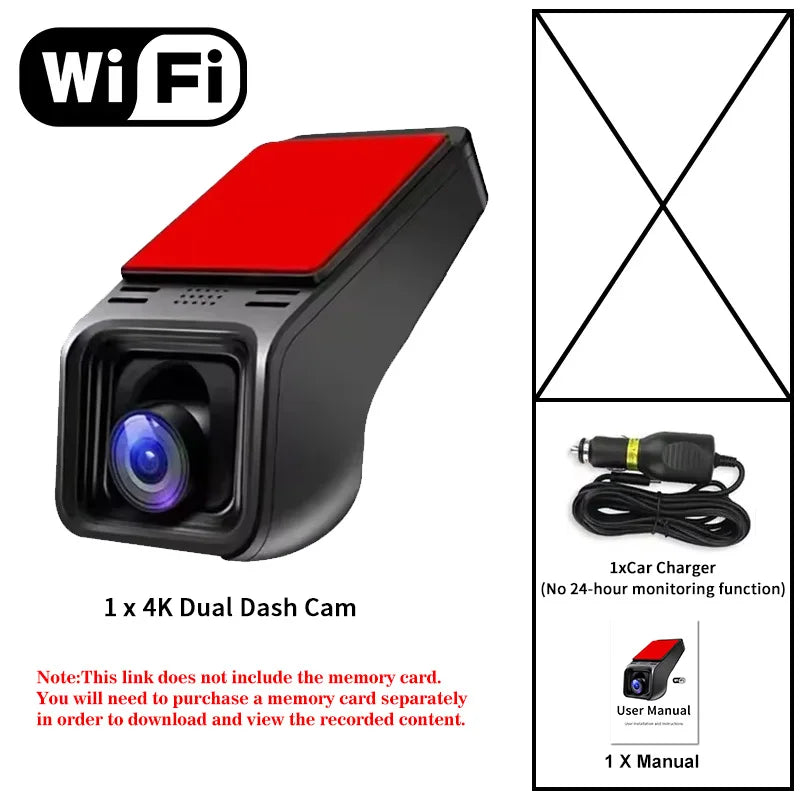 4K Car Dash Cam WiFi 2160P Rear View Reverse Camera 24H Parking Monitor Dual Channel DVR Recorder Night Vision Ultra HD Clear Car Mobile World