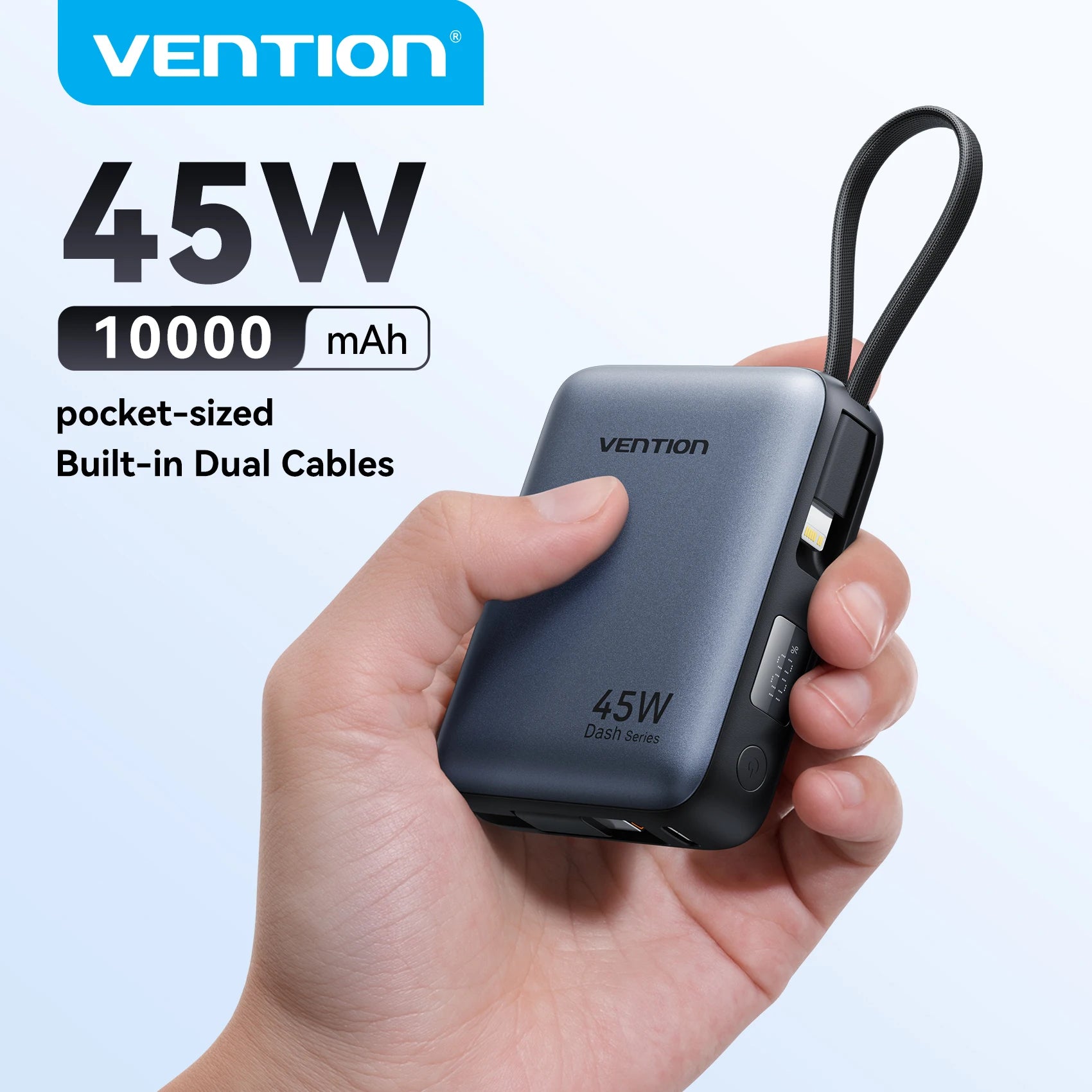 Vention 45W 10000mAh Power Bank Built-In USB-C Cable Portable Powerbank for iPhone 17 Samsung S26 Pocket-Sized Auxiliary Battery Car Mobile World