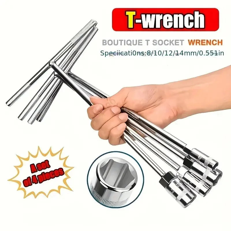 4pcs Hexagon Socket T Shaped Handle chromium vanadium steel Wrench Spanner Remover Tool for Car Vehicle,  set (8, 10, 12, 14)