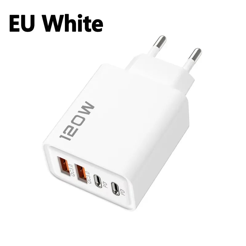 4 Ports 120W Charger USB C PD Quick Charge 3.0 Type C USB Phone Chargers Fast Charging Adapter For iPhone Samsung Xiaomi Huawei Car Mobile World
