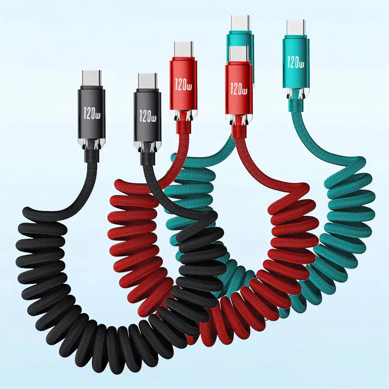 120W Car Spring Data Cable Retractable USB C To Type C Fast Charging Cable for iphone 15 16 Samsung Xiaomi USB Type C Cable