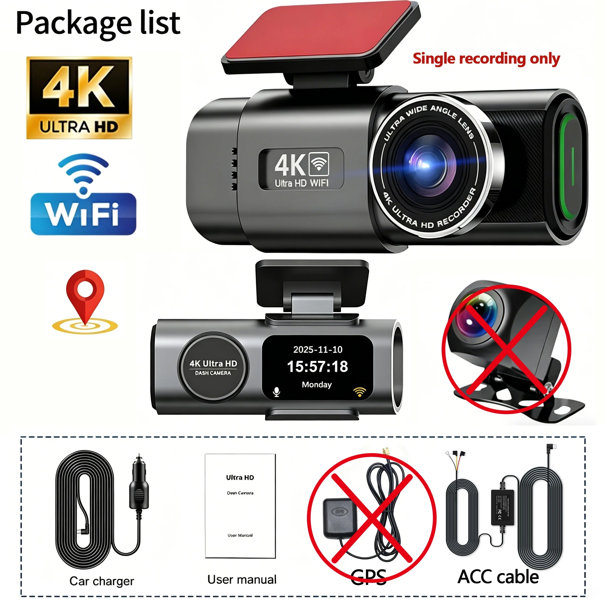 4K UHD Recording Dash Cam Video Recorder Car Camera DVR Night Vision Wi-Fi GPS 24H Parking Mini Front Rear Black Box Monitor Car Mobile World
