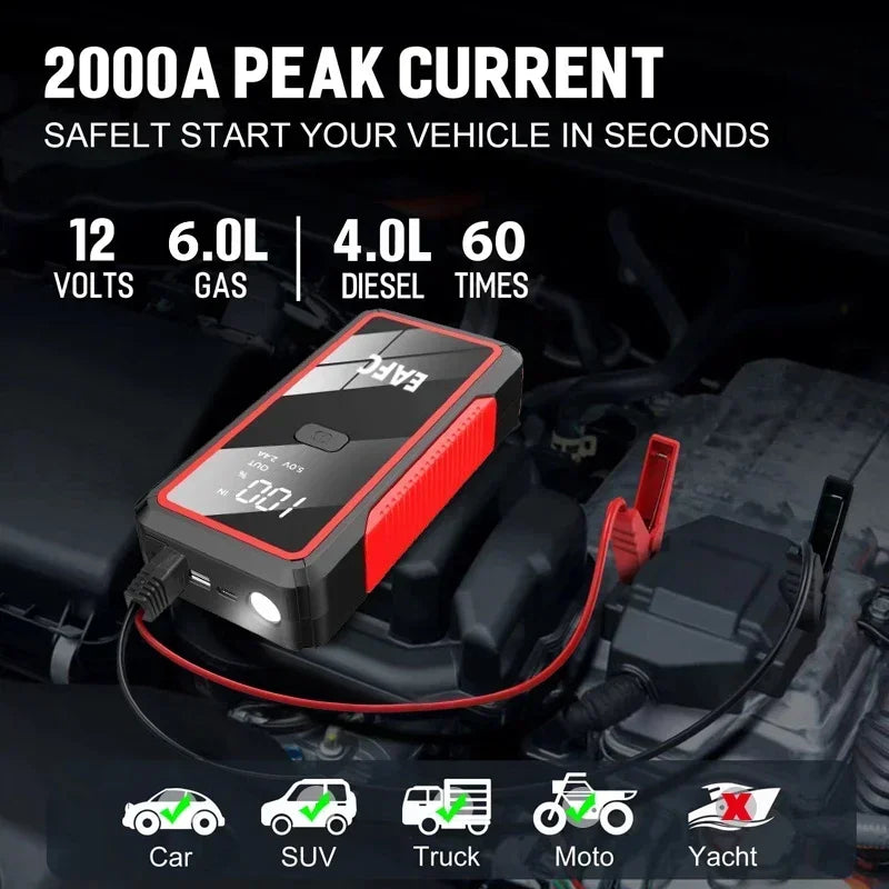 2000A/1200A High Power Car Battery Jump Starter Portable Car Battery Booster Charger Booster Power Bank Starting Device USB Port