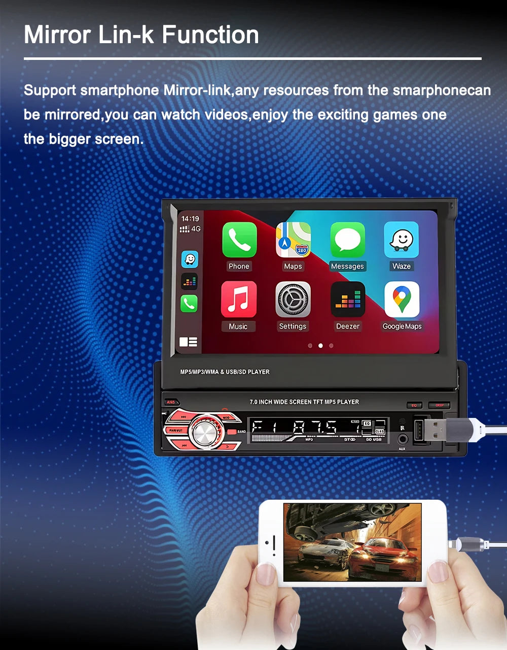 1 Din MP5 Player 7 Inch Carplay Android Auto Universal  Manual Automatic Retractable Touch Screen Car Player FM Radio CM World