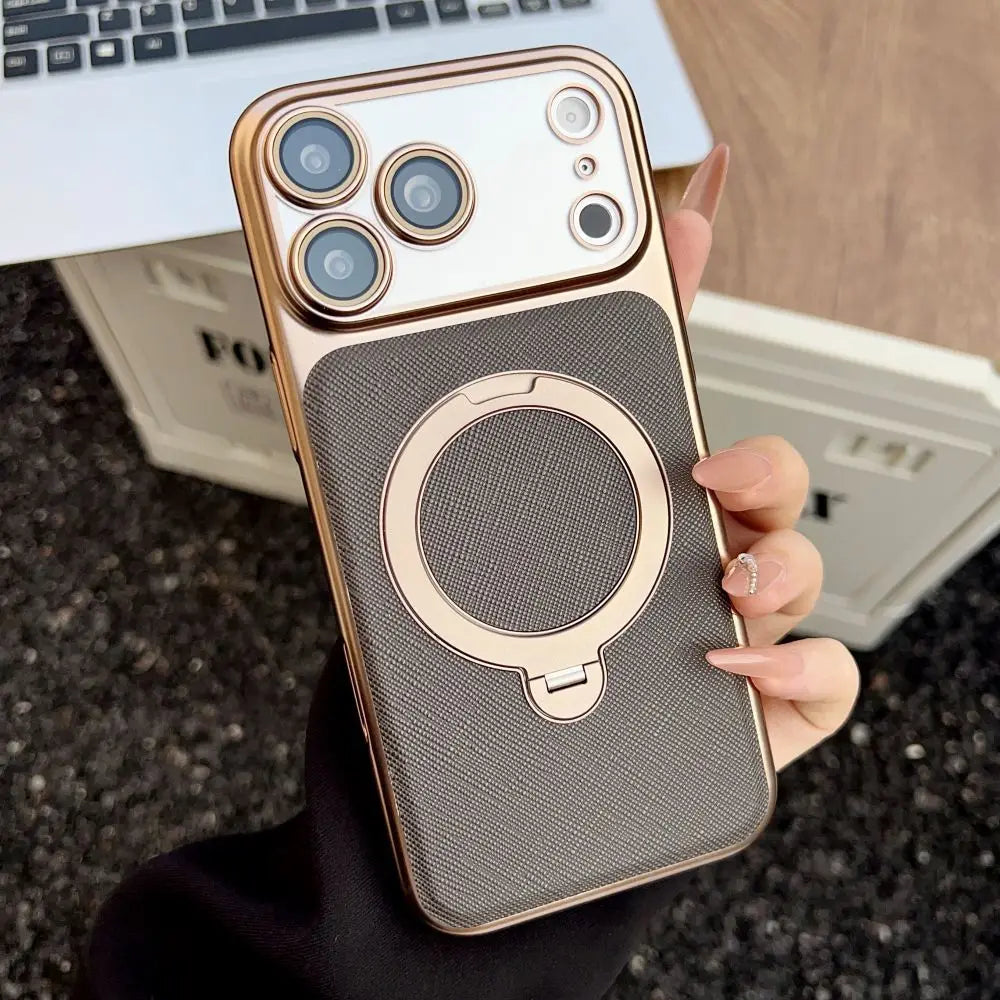 Luxury Business Textured Leather Phone Case, 360° Rotatable Stand Magnetic Protective Cover for iPhone 17 Pro Max 16 15 14